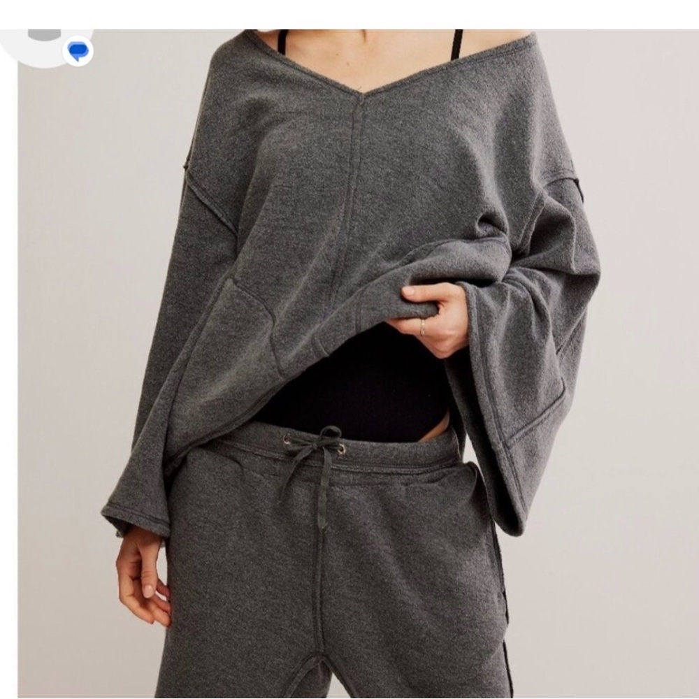 Free People Charcoal Gray Cozy V-Neck Sweatshirt & Jogger Set